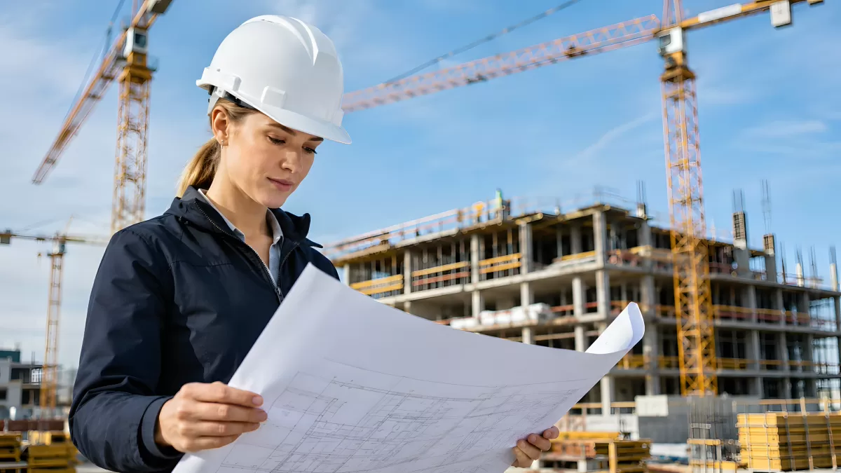 Bauingenieurin mit Helm prüft Baupläne auf Baustelle