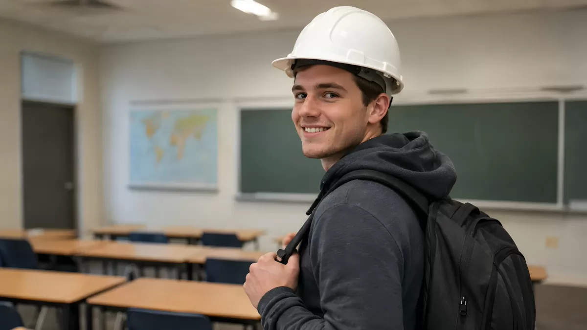 Bauingenieurstudent mit Schutzhelm im Klassenzimmer