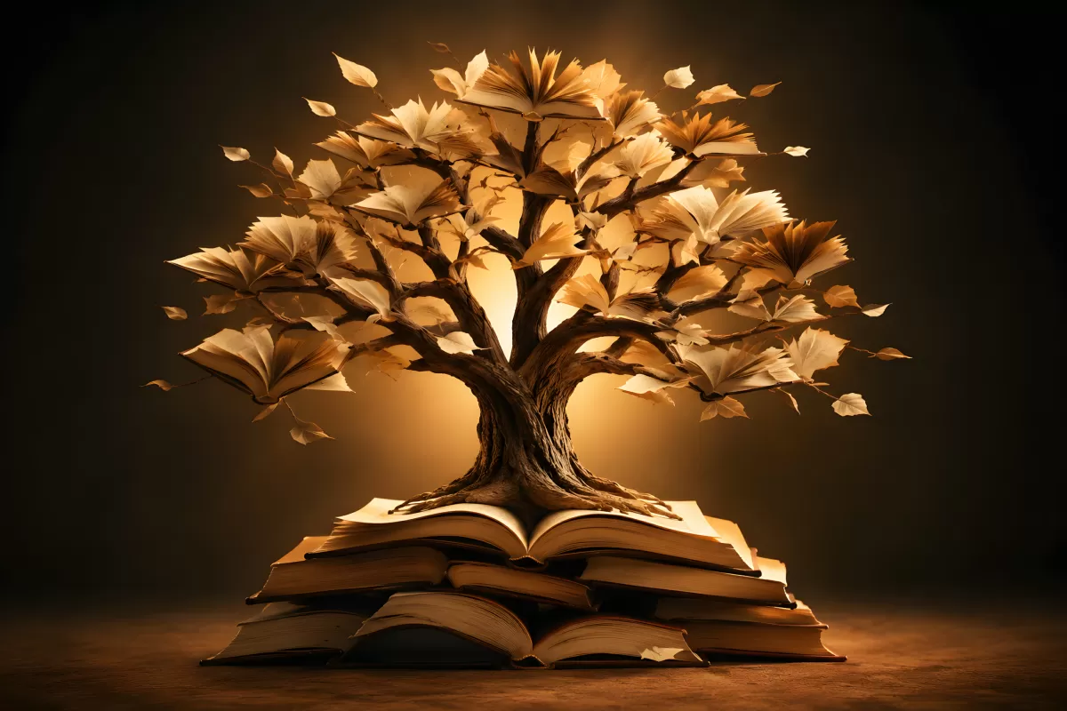 Baum aus Buchseiten wächst aus aufgeschlagenen Büchern