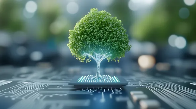 Baum der grünen Technologie auf Mikrochip-Hintergrund