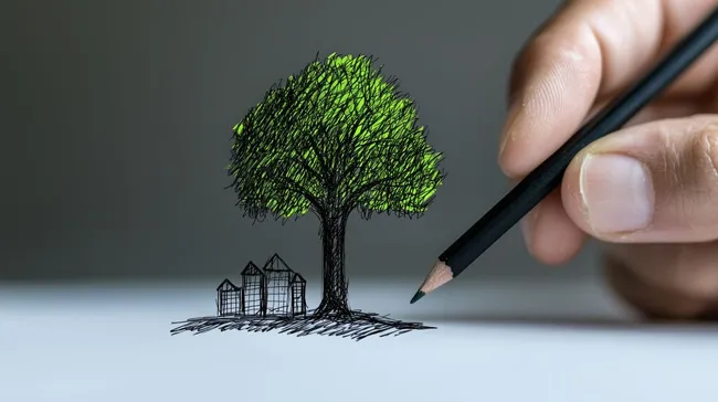 Baum und Häuser, handgezeichnete Illustration