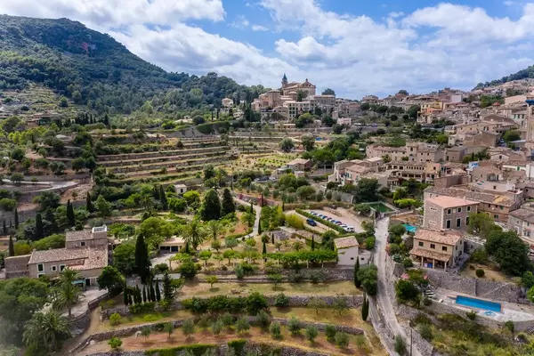 Bäume auf terrassierten Hügeln, Häuser mit Pools, das ehemalige Kloster von Valldemossa. Luftbild