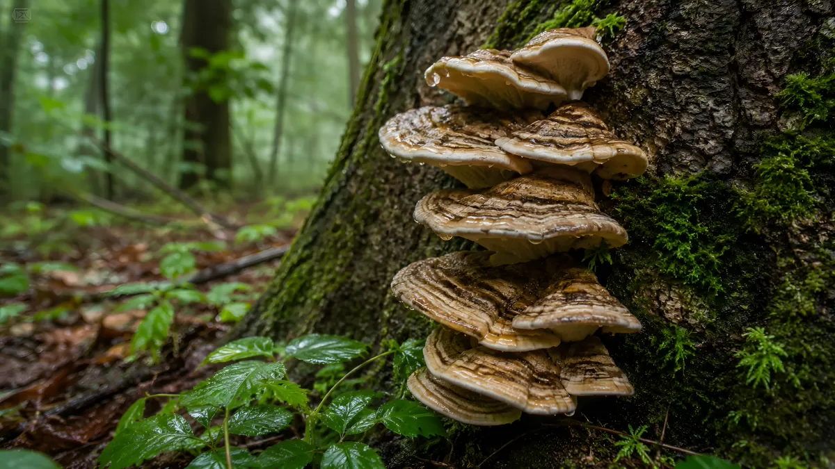 Baumschwämme wachsen an bemoosten Baumstamm im Wald
