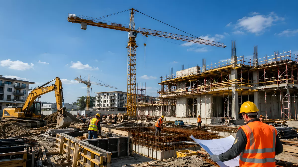 Baustelle mit Kran, Bagger und Rohbau im Sommer