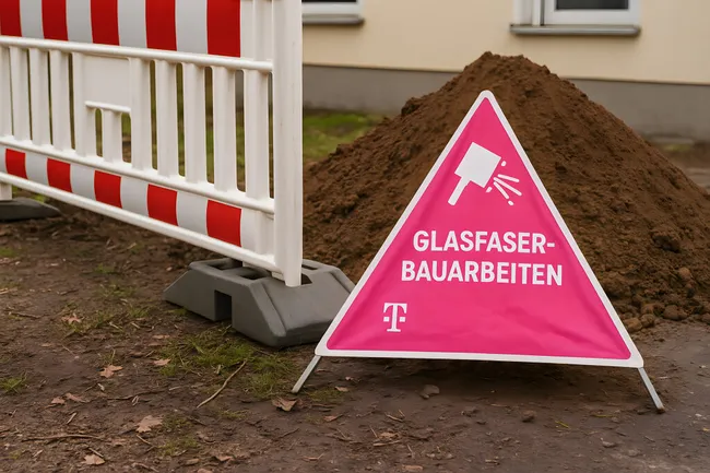 Baustellenabsperrung mit Glasfaser-Hinweisschild