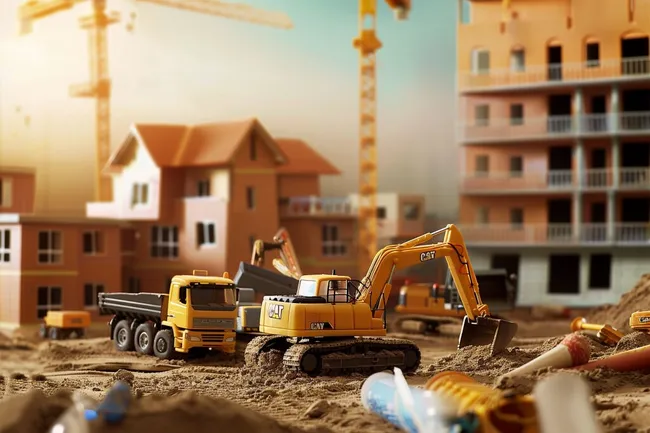 Baustellenfahrzeuge auf einer Baustelle in der Stadt