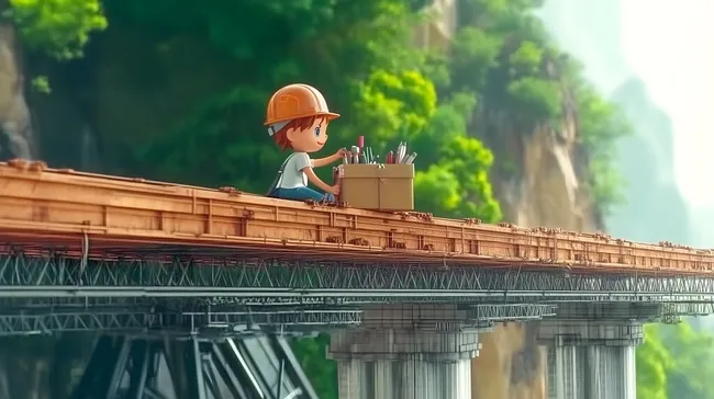 Baustelleninspektion über einer Holzbrücke im Wald