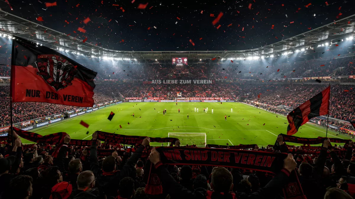 Bayer Leverkusen Fans feiern im BayArena Stadion