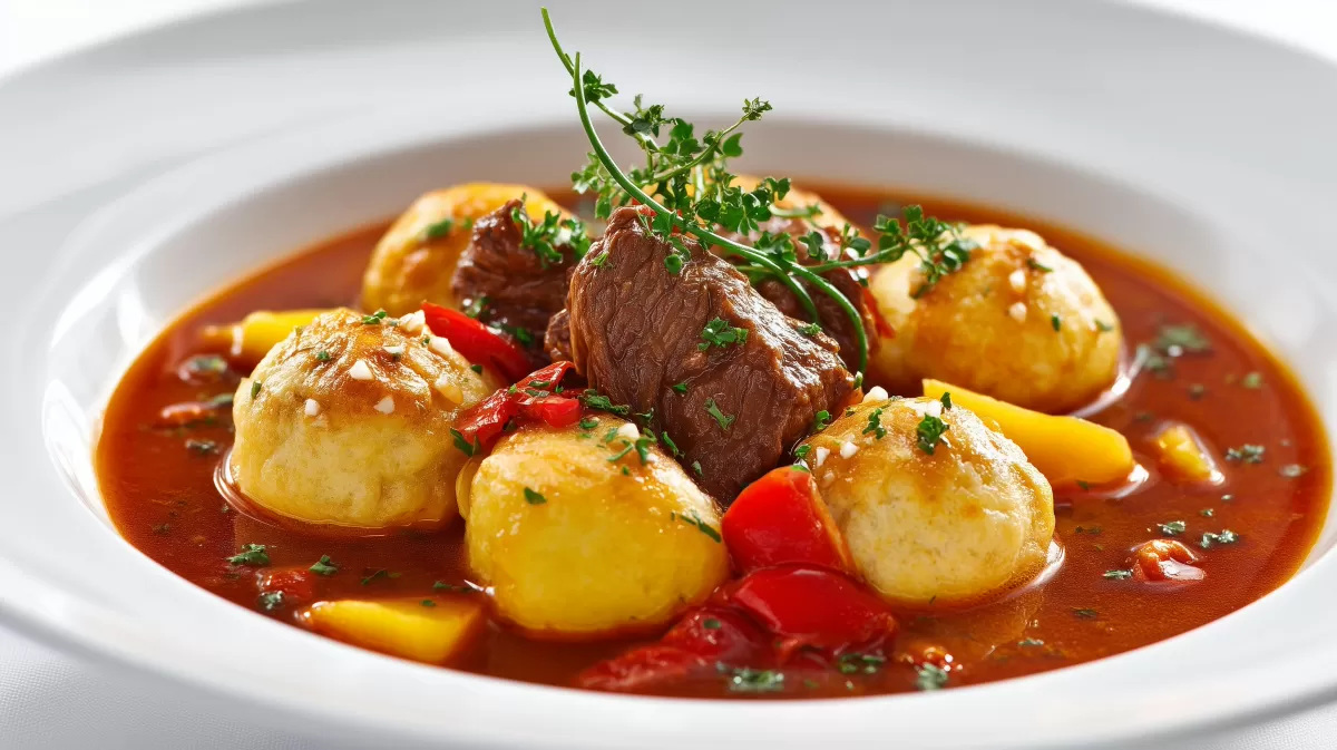 Bayerische Gulaschsuppe mit Brezenklen im Teller