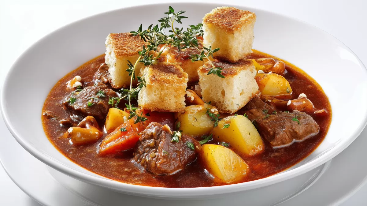 Bayerische Gulaschsuppe mit Brezenwürfeln im Teller