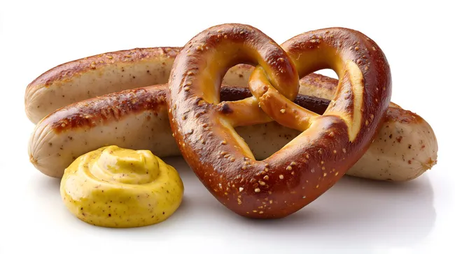 Bayerische Weißwurst mit Brezel und Senf