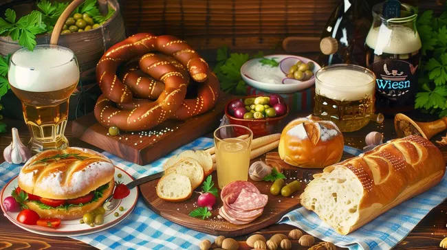 Bayerische Wiesn-Brotzeit mit Würsten, Bier und Gemüse