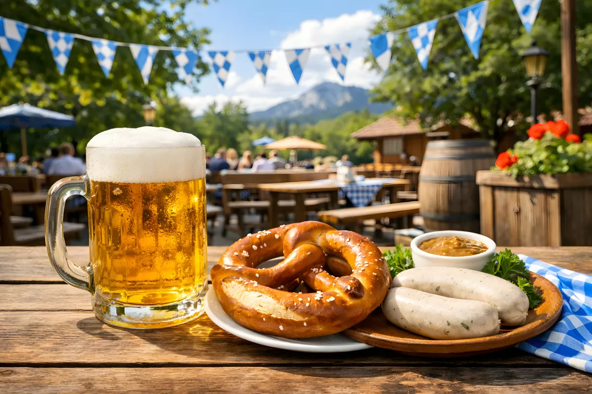 Bayerischer Biergarten mit Brezel und Weißwurst