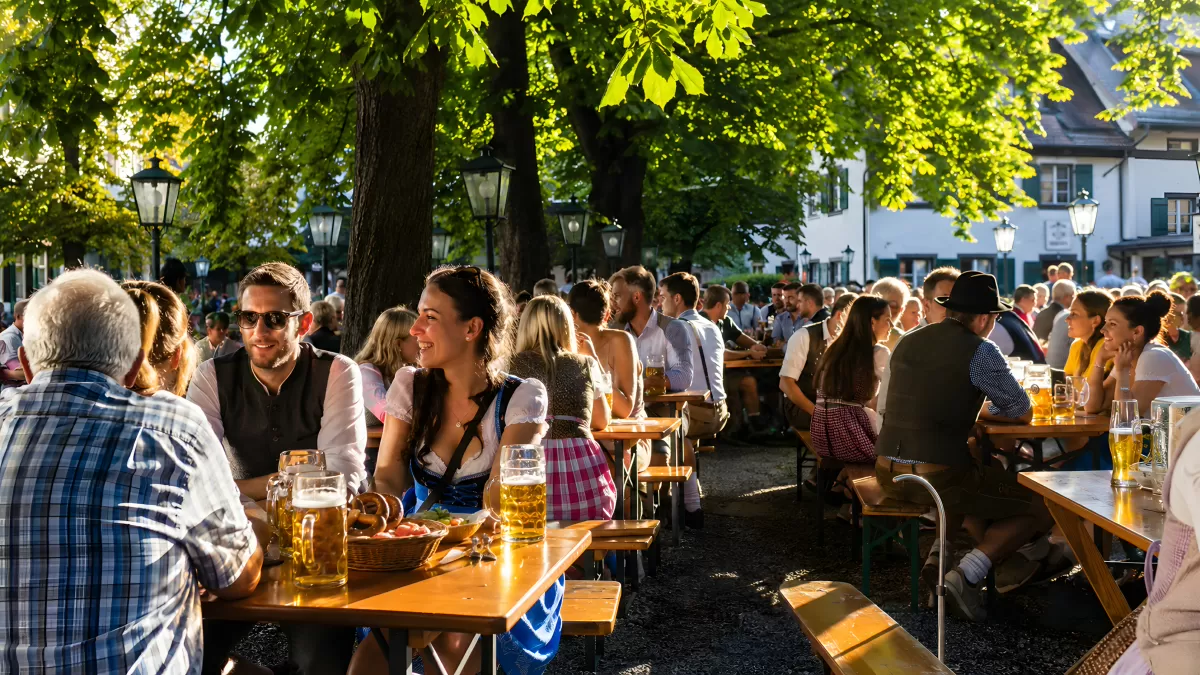 Bayerischer Biergarten mit Gästen in Tracht