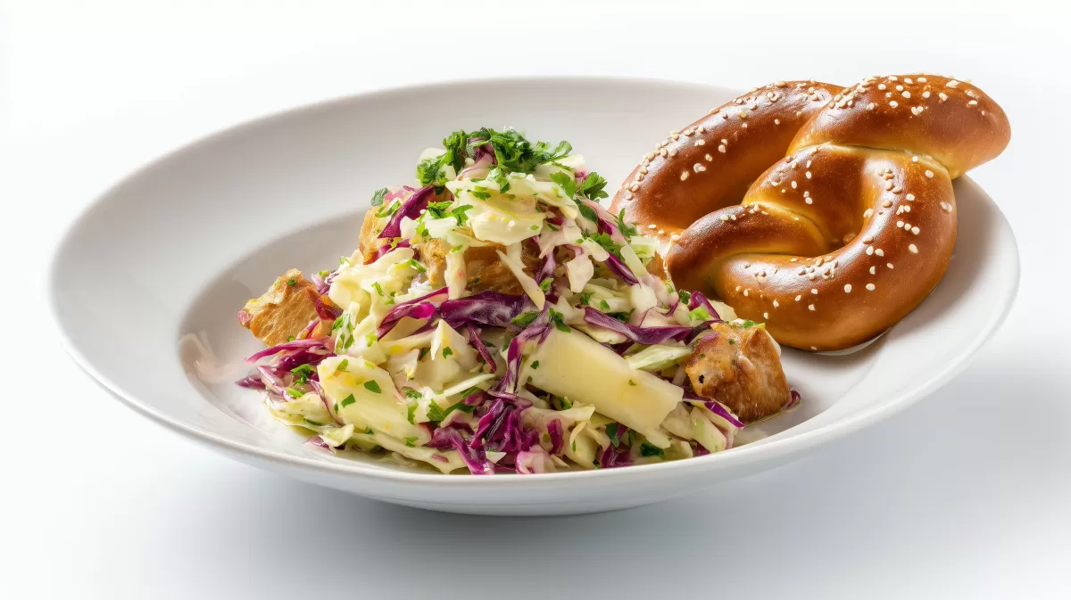 Bayerischer Krautsalat mit Laugenbrezel auf Teller