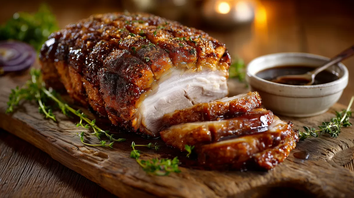 Bayerischer Krustenbraten angeschnitten auf Holzbrett