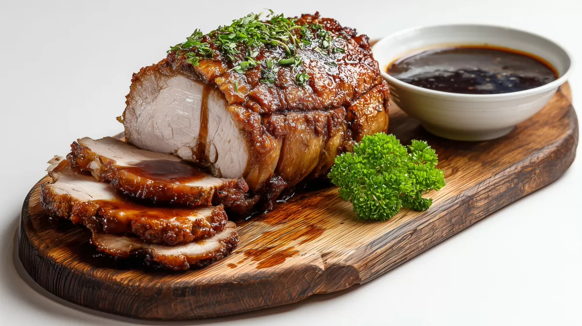 Bayerischer Krustenbraten aufgeschnitten auf Holzbrett