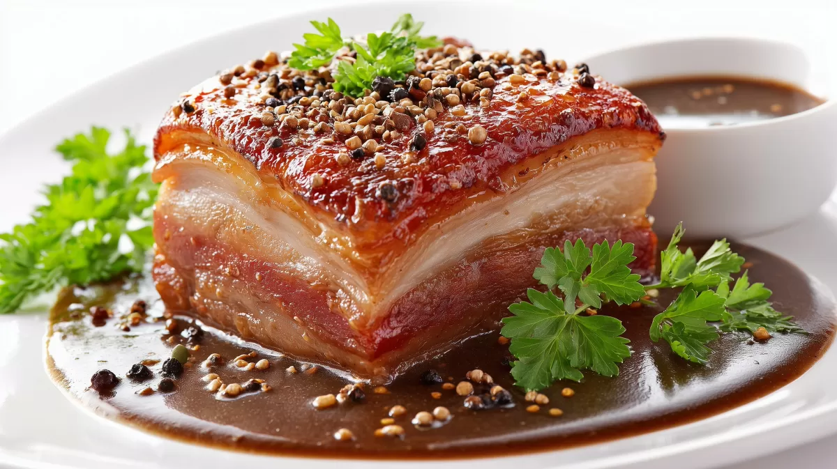 Bayerischer Krustenbraten mit Biersauce auf Teller