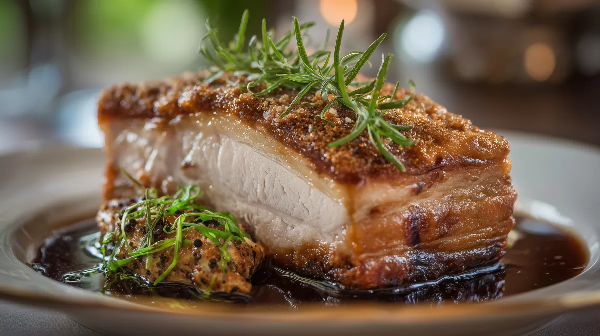 Bayerischer Krustenbraten mit Biersauce und Rosmarin