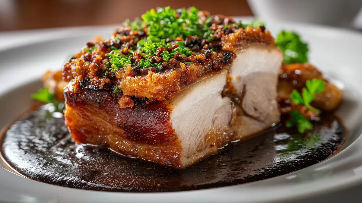 Bayerischer Krustenbraten mit dunkler Soße auf Teller