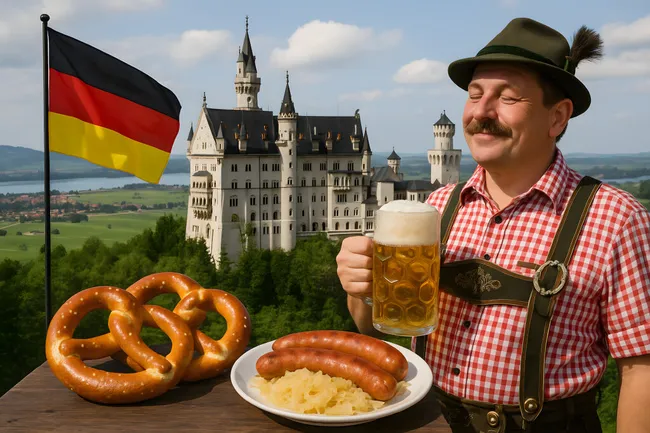 Bayerischer Mann genießt Bier und Bratwurst vor Schloss Neuschwanstein