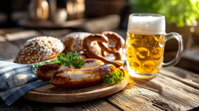 Bayerisches Weißwurst-Fest mit Bier und Brezel