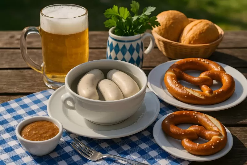 Bayerisches Weißwurstessen mit Bier, Brezn und Brötchen