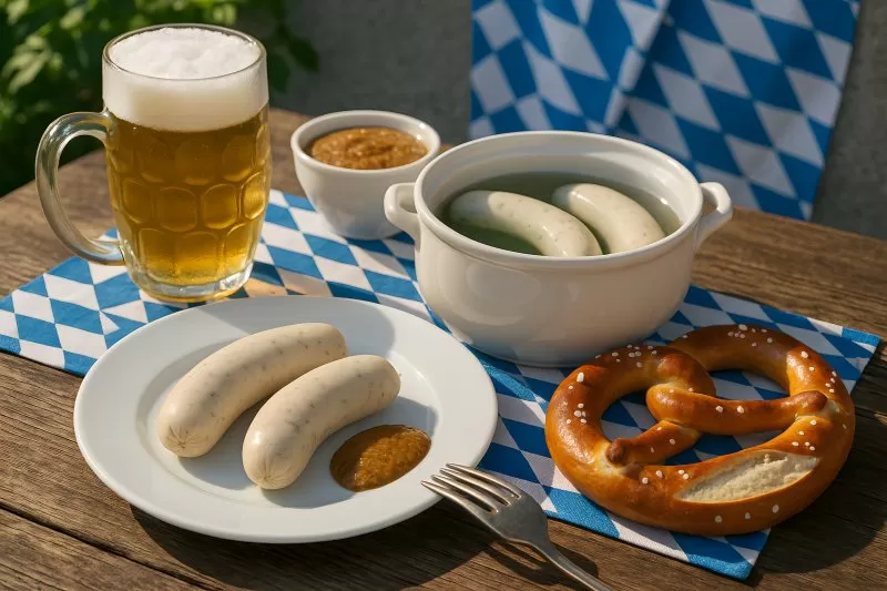 Bayerisches Weißwurstfrühstück mit Brezel und Bier