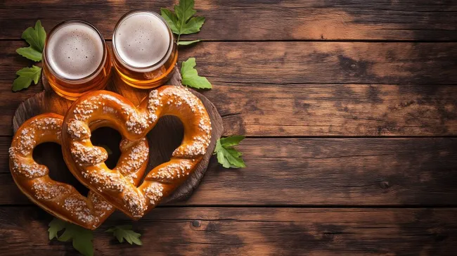 Bayrische Brezeln und Bier auf Holztisch