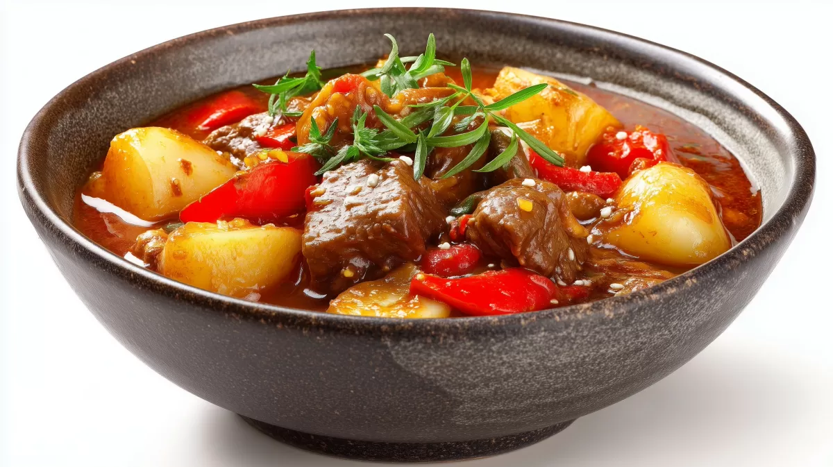 Bayrische Gulaschsuppe mit Brezen in Steingutschale