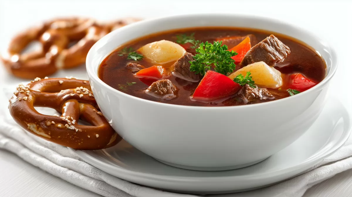 Bayrische Gulaschsuppe mit Brezen serviert