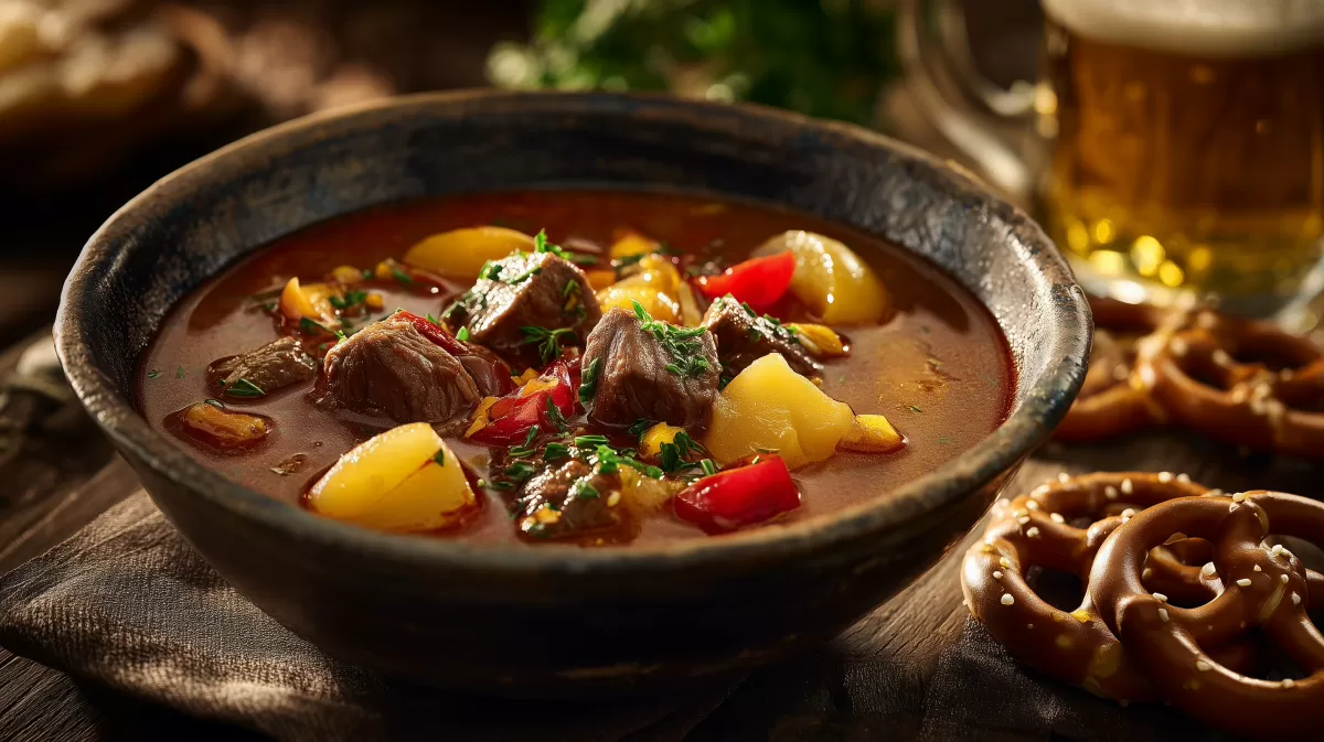 Bayrische Gulaschsuppe mit Brezen und Bier