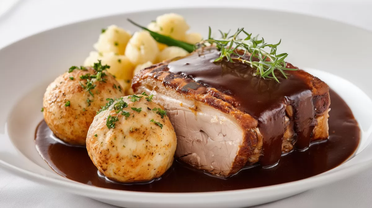 Bayrischer Krustenbraten mit Dunkelbiersoße und Semmelknödel