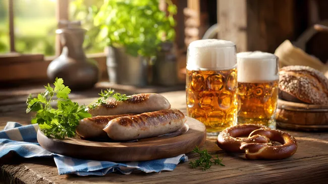 Bayrisches Bier und Bratwurst bei sonniger Wirtshausatmosphäre