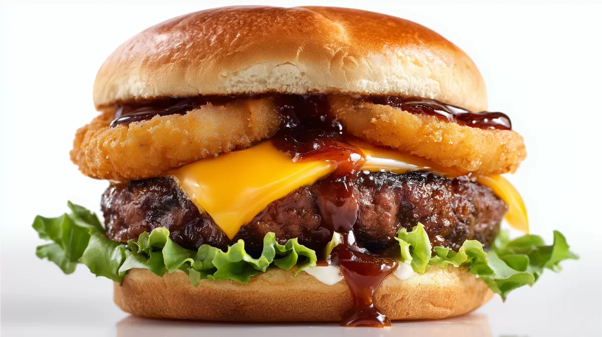 BBQ Burger mit Onion Rings und Cheddar auf Weiß