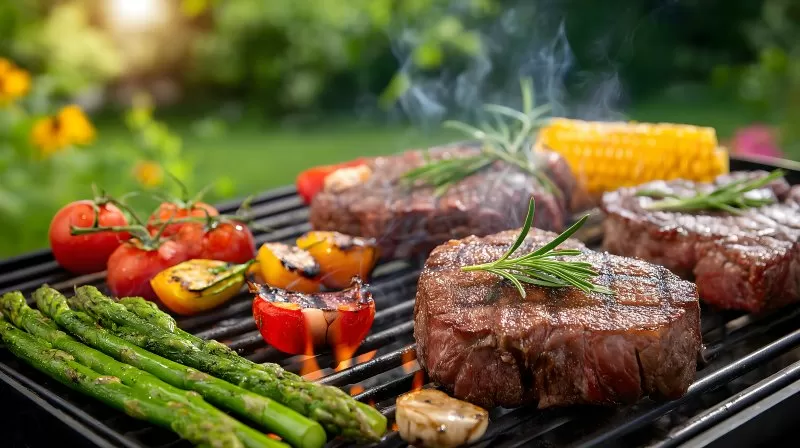 BBQ grill with sizzling steaks and fresh vegetables