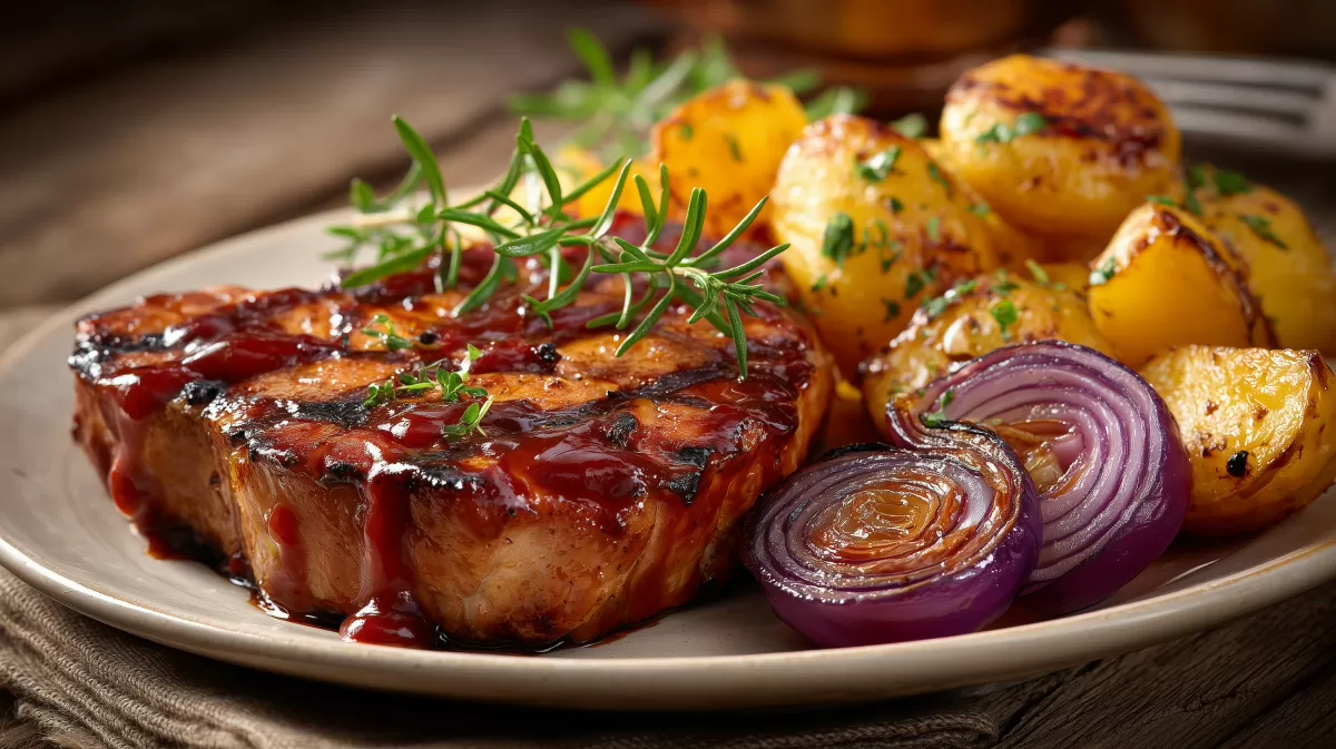 BBQ-Kotelett mit Bratkartoffeln und glasierten Zwiebeln