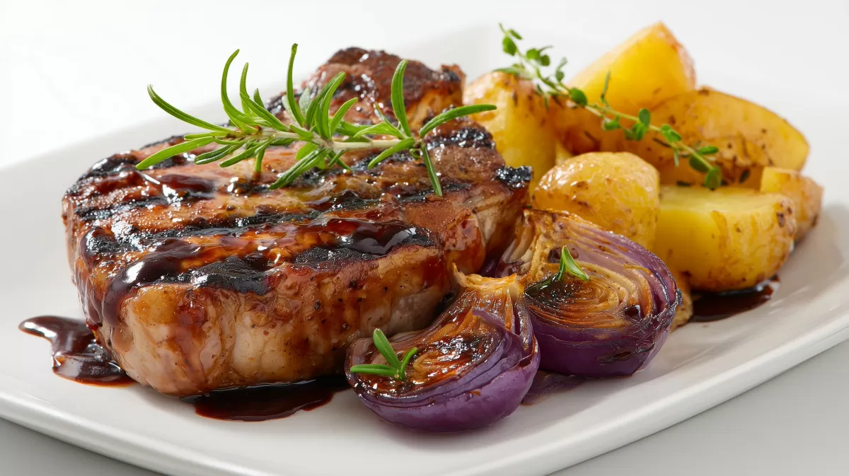 BBQ Kotelett mit glasierten Zwiebeln und Bratkartoffeln