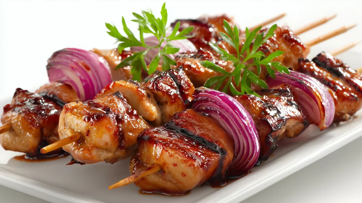 BBQ Puten Hähnchen Spieße vom Grill mit Zwiebeln