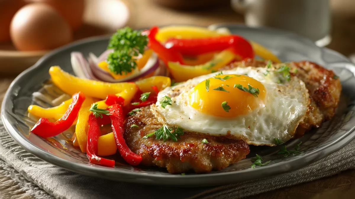 BBQ-Schnitzel aus dem Ofen mit Paprika und Spiegelei