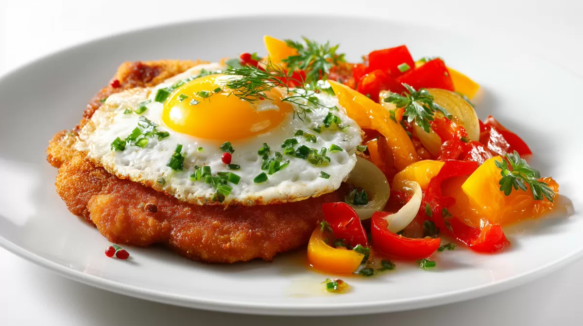 BBQ Schnitzel aus dem Ofen mit Spiegelei und Paprika