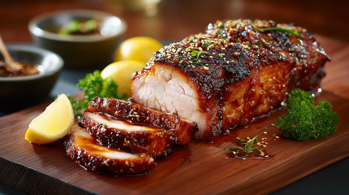 BBQ Schweinebraten vom Grill mit Sesam auf Holzbrett