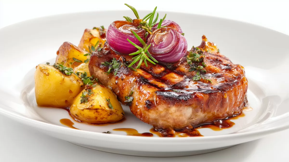BBQ Schweinekotelett mit glasierten Zwiebeln und Kartoffeln