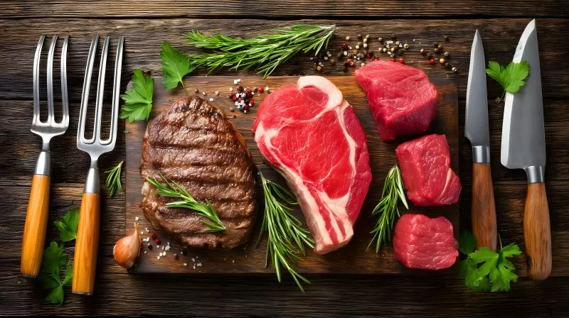 BBQ utensils and raw meat on rustic wooden table