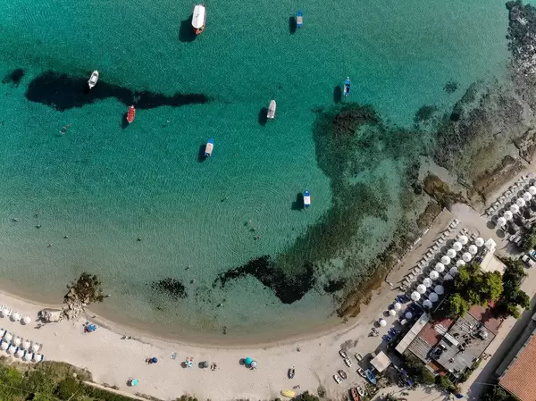 Beach in Afitos, Greece, shot from above
