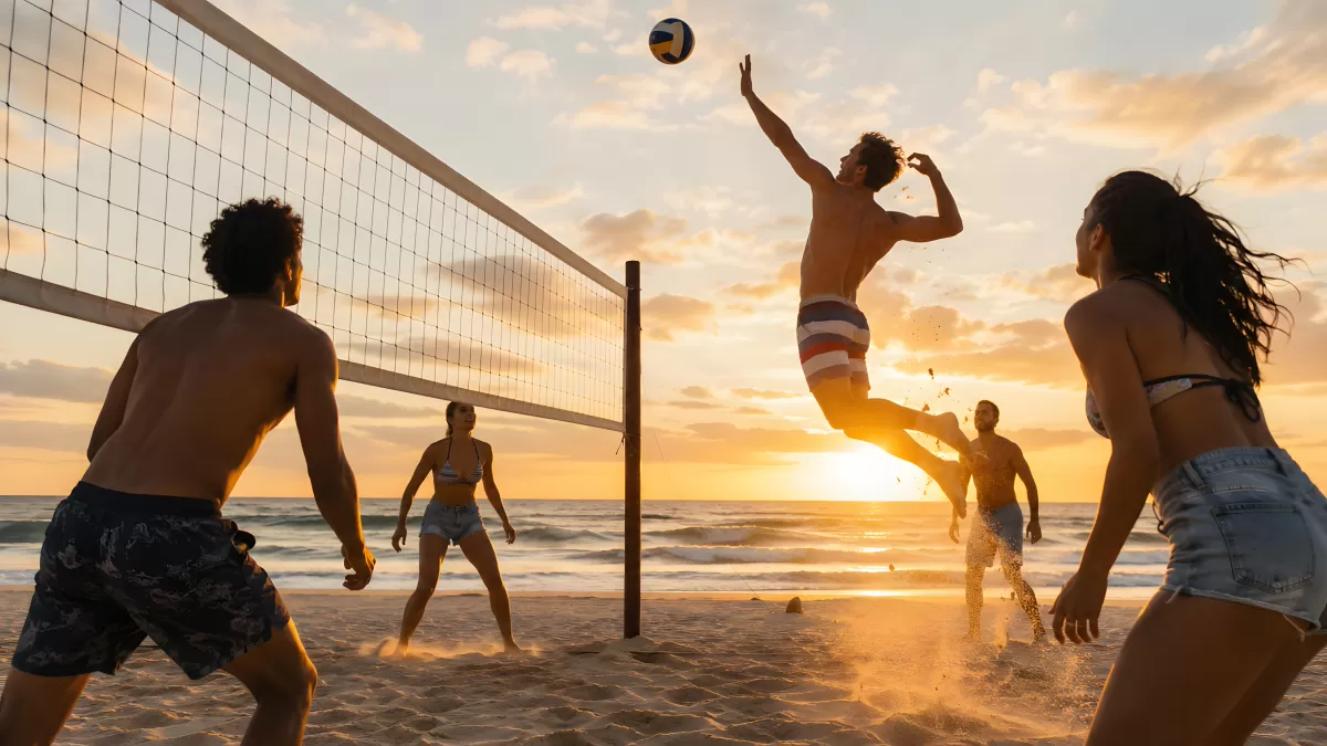 Beachvolleyball bei Sonnenuntergang am Sandstrand