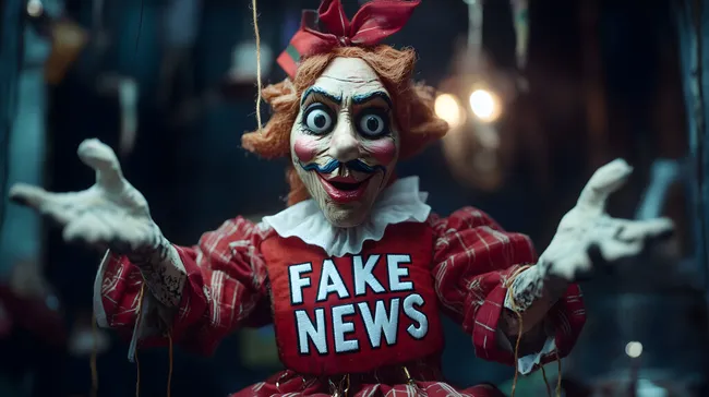 Beängstigende Marionettenpuppe mit 'Fake News'-Shirt
