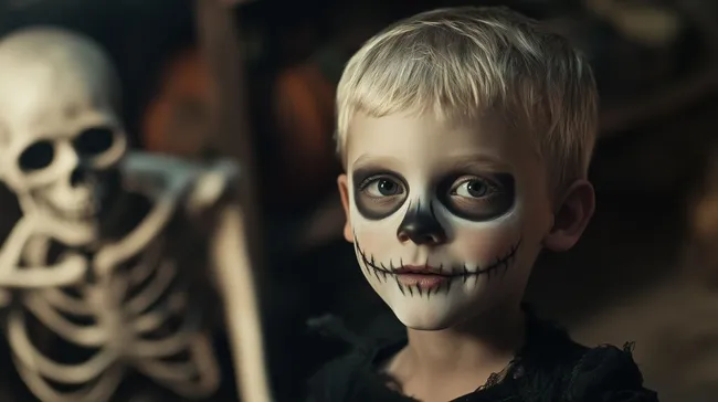 Beängstigender Junge mit Totenkopf-Make-up zu Halloween