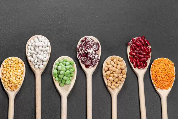 Beans, peas, chickpeas and lentils in wooden spoons on a black background. Top view