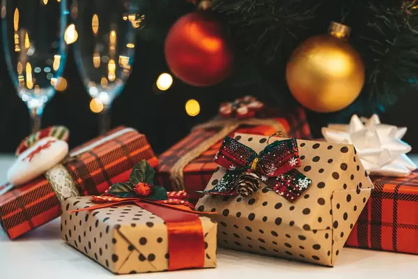 Beautiful gift boxes on christmas background